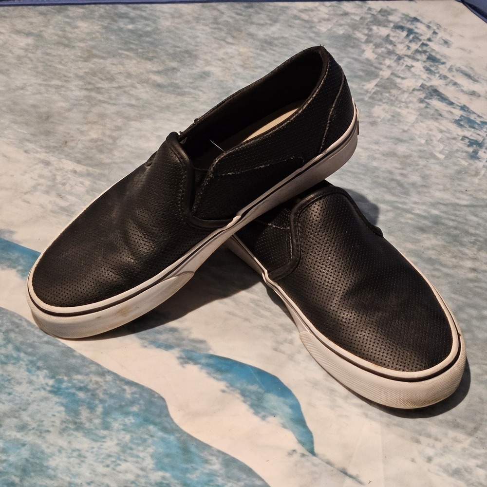 Vans Classic Slip-On Black Leather Perforated Women's Size 8 Sneakers